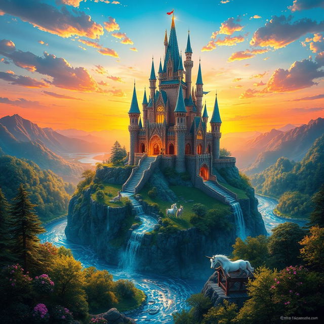 a majestic fantasy landscape featuring a radiant crystal castle atop a hill, surrounded by lush green forests and sparkling rivers, with a vivid sunset in the background, casting warm golden hues across the scene, magical creatures like fairies and unicorns gracefully moving through the scenery, intricate details in the castle's architecture, the atmosphere filled with soft glowing lights, all rendered in a stunning, vibrant color palette