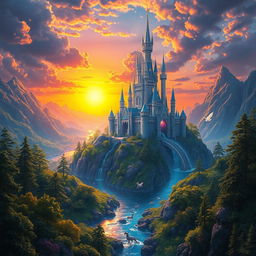 a majestic fantasy landscape featuring a radiant crystal castle atop a hill, surrounded by lush green forests and sparkling rivers, with a vivid sunset in the background, casting warm golden hues across the scene, magical creatures like fairies and unicorns gracefully moving through the scenery, intricate details in the castle's architecture, the atmosphere filled with soft glowing lights, all rendered in a stunning, vibrant color palette