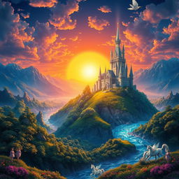a majestic fantasy landscape featuring a radiant crystal castle atop a hill, surrounded by lush green forests and sparkling rivers, with a vivid sunset in the background, casting warm golden hues across the scene, magical creatures like fairies and unicorns gracefully moving through the scenery, intricate details in the castle's architecture, the atmosphere filled with soft glowing lights, all rendered in a stunning, vibrant color palette