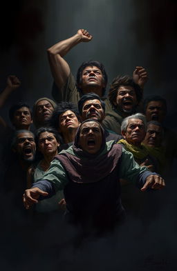 A digital painting depicting a variety of human characters in a dramatic and intense scene, showcasing resilience amidst adversity
