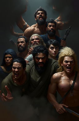 A digital painting depicting a variety of human characters in a dramatic and intense scene, showcasing resilience amidst adversity