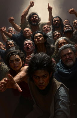 A digital painting depicting a variety of human characters in a dramatic and intense scene, showcasing resilience amidst adversity