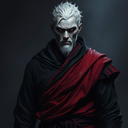 A full body portrait of a male shadar-kai monk, showcasing his dark eyes and striking white hair