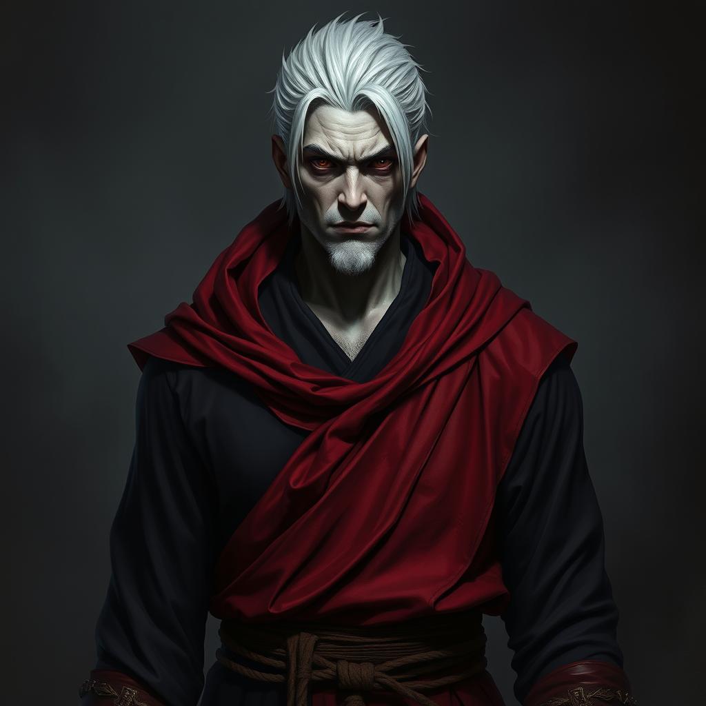 A full body portrait of a male shadar-kai monk, showcasing his dark eyes and striking white hair