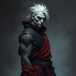 A full body portrait of a male shadar-kai monk, showcasing his dark eyes and striking white hair