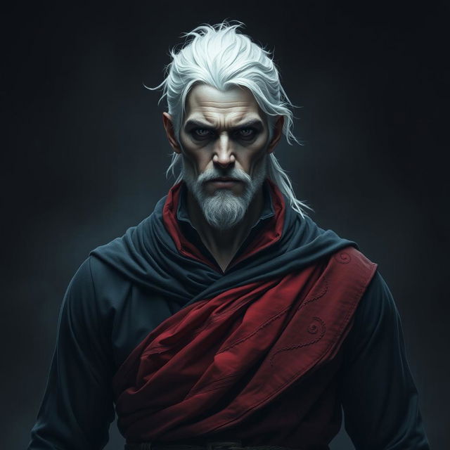 A full body portrait of a male shadar-kai monk, showcasing his dark eyes and striking white hair