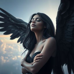 A striking and ethereal image of a black angel with her eyes closed, conveying a sense of peace and serenity