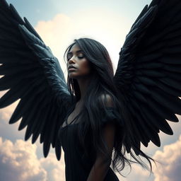 A striking and ethereal image of a black angel with her eyes closed, conveying a sense of peace and serenity