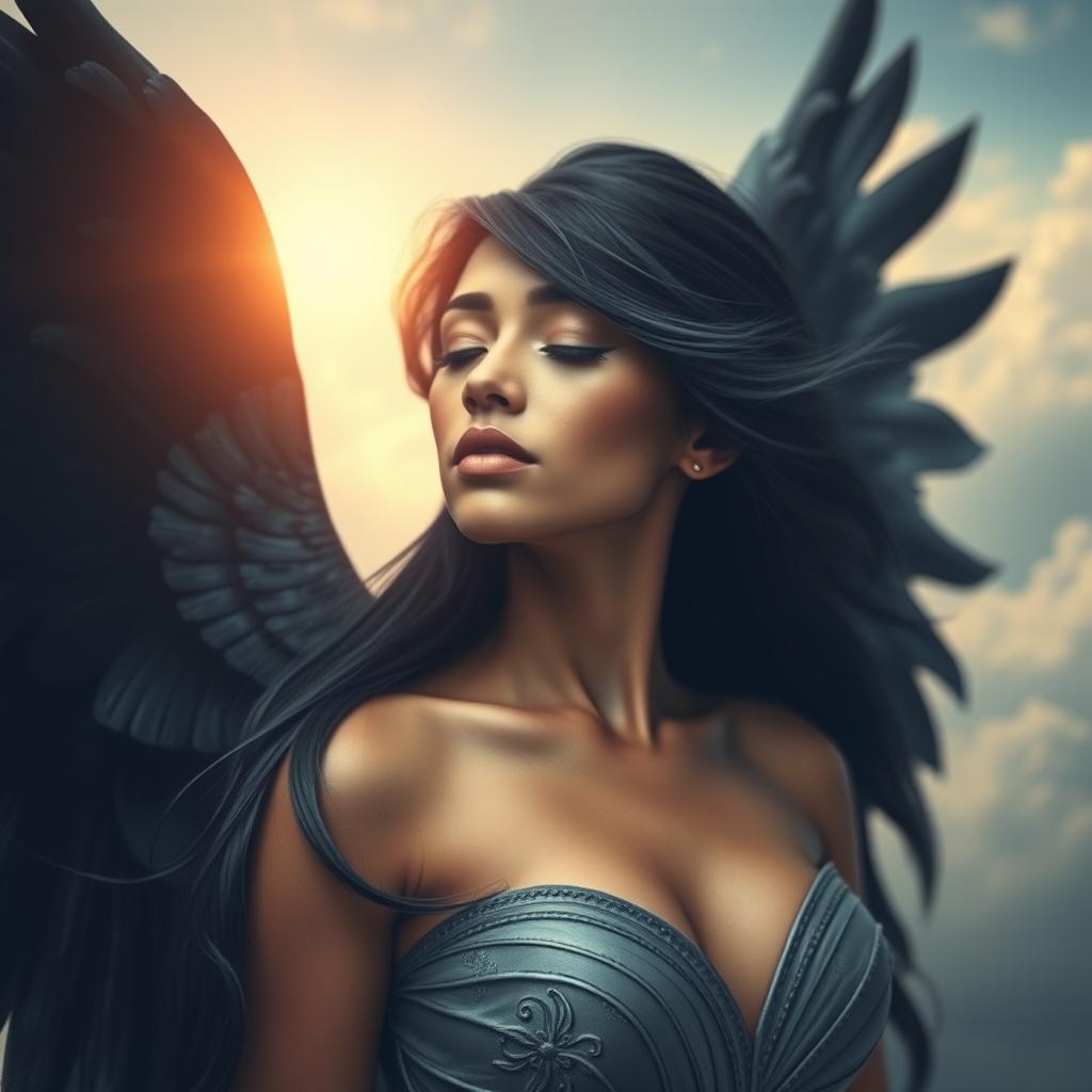 A striking and ethereal image of a black angel with her eyes closed, conveying a sense of peace and serenity