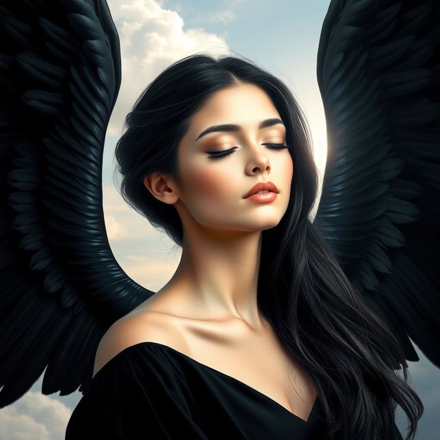 A striking and ethereal image of a black angel with her eyes closed, conveying a sense of peace and serenity