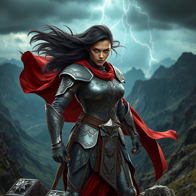 A powerful and fearless female warrior standing confidently on a mountain peak, with a fierce expression on her face