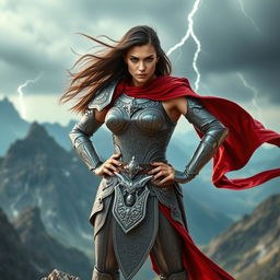 A powerful and fearless female warrior standing confidently on a mountain peak, with a fierce expression on her face