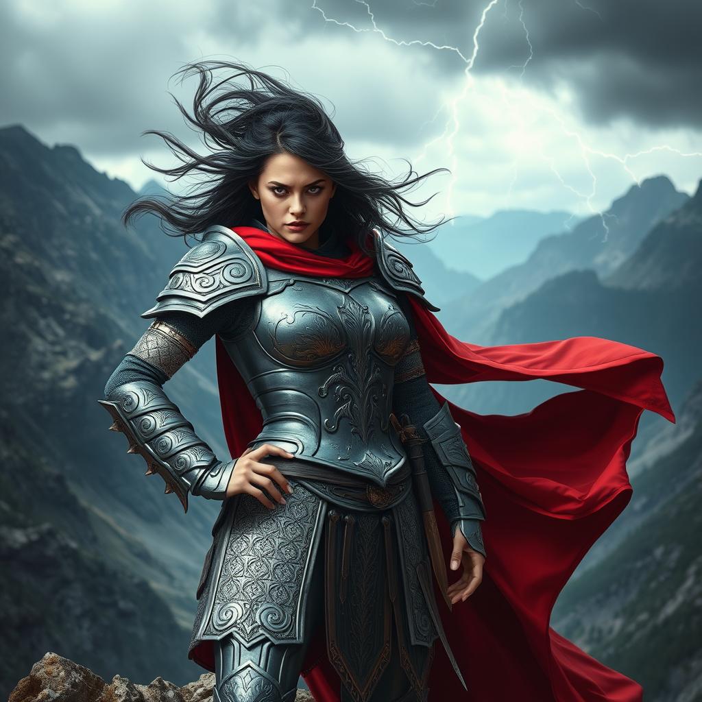 A powerful and fearless female warrior standing confidently on a mountain peak, with a fierce expression on her face