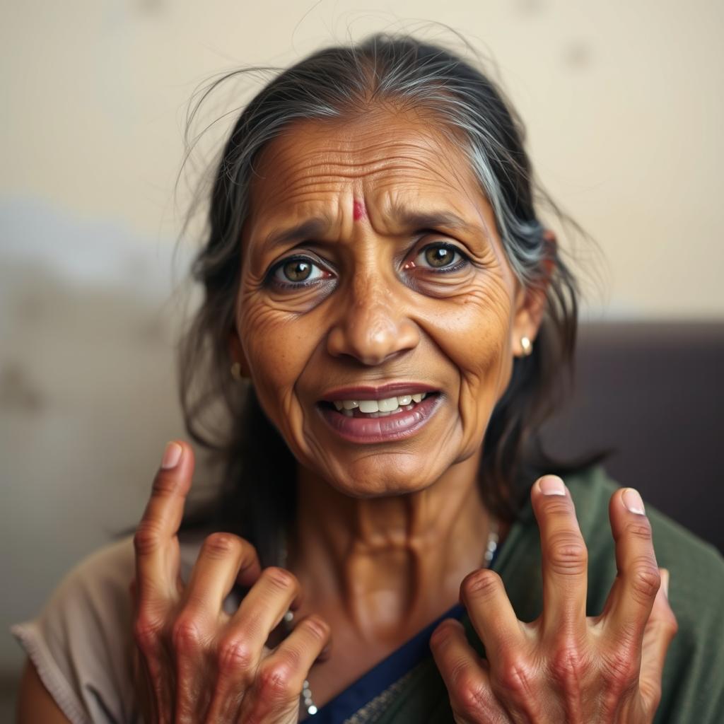 A portrait of a 45-year-old Indian woman named Sejal, depicting her with dry, sandy, burning eyes that reflect discomfort