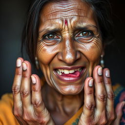A portrait of a 45-year-old Indian woman named Sejal, depicting her with dry, sandy, burning eyes that reflect discomfort