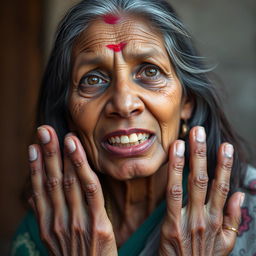 A portrait of a 45-year-old Indian woman named Sejal, depicting her with dry, sandy, burning eyes that reflect discomfort
