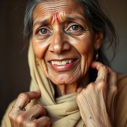 A portrait of a 45-year-old Indian woman named Sejal, depicting her with dry, sandy, burning eyes that reflect discomfort