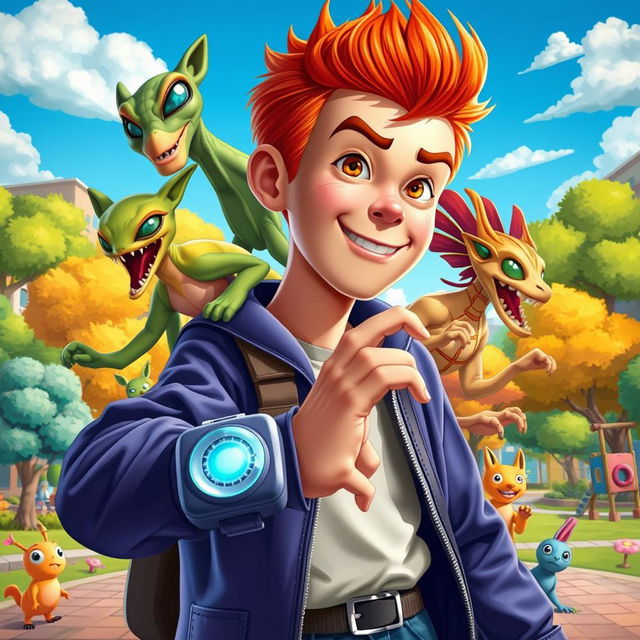 An imaginative and dynamic scene featuring a teenage boy transforming into various alien forms using a unique alien device on his wrist