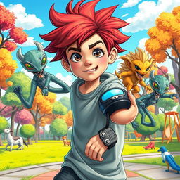 An imaginative and dynamic scene featuring a teenage boy transforming into various alien forms using a unique alien device on his wrist