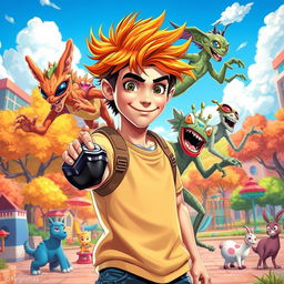 An imaginative and dynamic scene featuring a teenage boy transforming into various alien forms using a unique alien device on his wrist