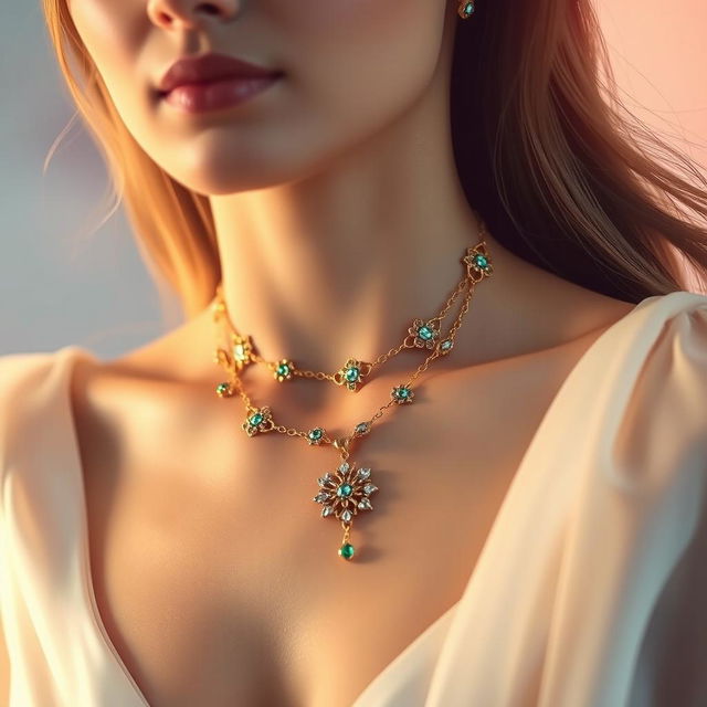 A stunning woman wearing an elegant, intricately designed necklace named 'Chai'