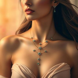 A stunning woman wearing an elegant, intricately designed necklace named 'Chai'