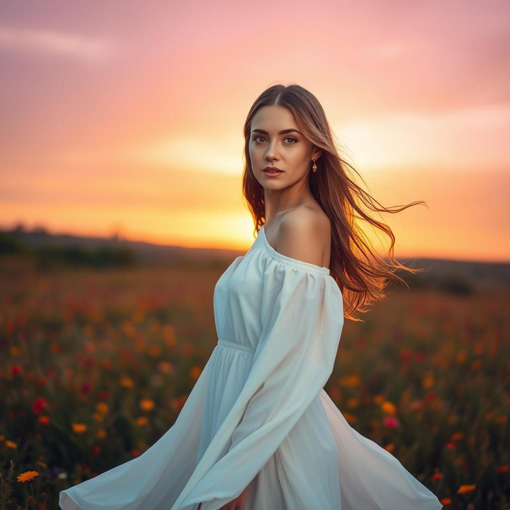 A stunning portrait featuring a young woman with flowing hair standing confidently in an open field during sunset