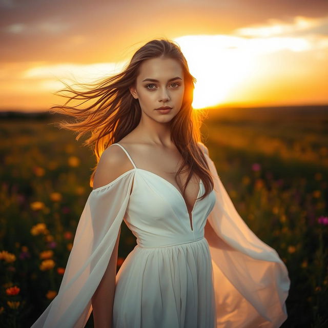 A stunning portrait featuring a young woman with flowing hair standing confidently in an open field during sunset