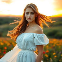 A stunning portrait featuring a young woman with flowing hair standing confidently in an open field during sunset
