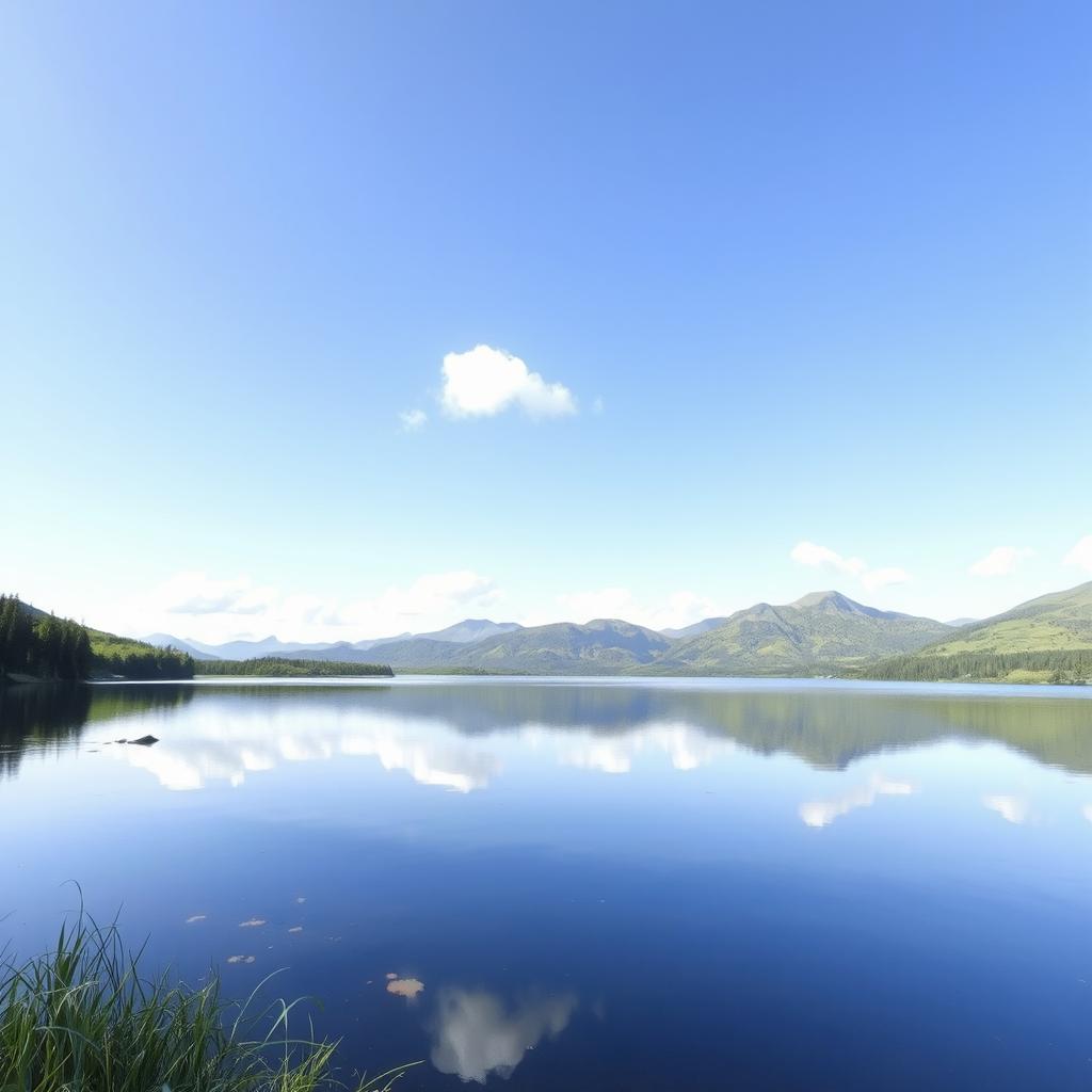 A photo of a serene landscape featuring a tranquil lake surrounded by lush greenery and mountains in the background