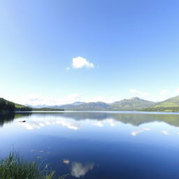 A photo of a serene landscape featuring a tranquil lake surrounded by lush greenery and mountains in the background