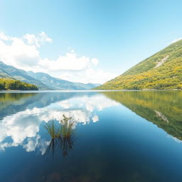 A photo of a serene landscape featuring a tranquil lake surrounded by lush greenery and mountains in the background