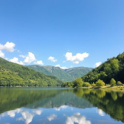 A photo of a serene landscape featuring a tranquil lake surrounded by lush greenery and mountains in the background
