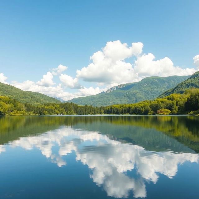 A photo of a serene landscape featuring a tranquil lake surrounded by lush greenery and mountains in the background