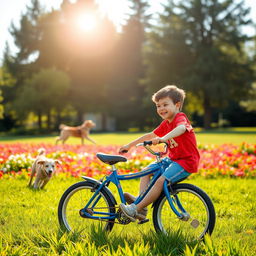 A young boy riding his bicycle joyfully through a park filled with vibrant green grass and colorful flowers