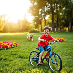 A young boy riding his bicycle joyfully through a park filled with vibrant green grass and colorful flowers