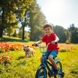 A young boy riding his bicycle joyfully through a park filled with vibrant green grass and colorful flowers