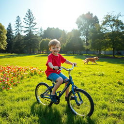 A young boy riding his bicycle joyfully through a park filled with vibrant green grass and colorful flowers