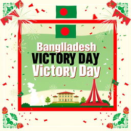 A vibrant and celebratory Bangladesh Victory Day template featuring iconic symbols of Bangladesh, such as the national flag, the map of Bangladesh, and the Liberation War monument