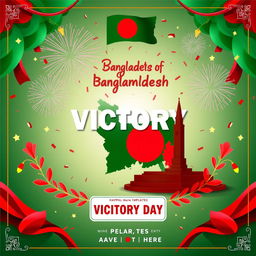 A vibrant and celebratory Bangladesh Victory Day template featuring iconic symbols of Bangladesh, such as the national flag, the map of Bangladesh, and the Liberation War monument