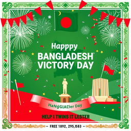 A vibrant and celebratory Bangladesh Victory Day template featuring iconic symbols of Bangladesh, such as the national flag, the map of Bangladesh, and the Liberation War monument