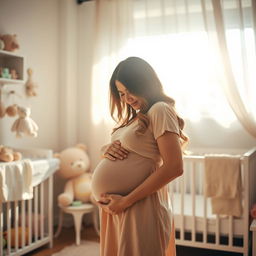 A serene and peaceful scene of a pregnant mother standing in a sunlit room, cradling her baby bump lovingly