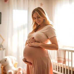 A serene and peaceful scene of a pregnant mother standing in a sunlit room, cradling her baby bump lovingly