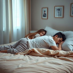 A serene bedroom scene featuring a young woman peacefully sleeping on her stomach beside her brother