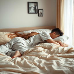 A serene bedroom scene featuring a young woman peacefully sleeping on her stomach beside her brother