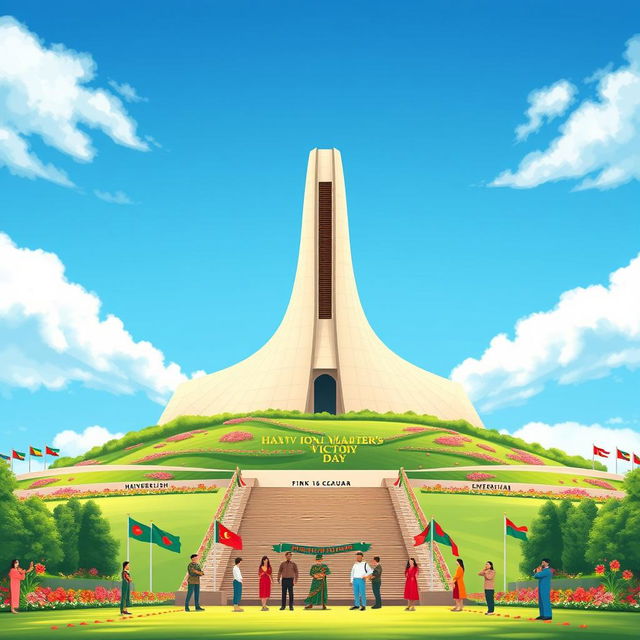 A beautiful and grand digital illustration of the National Martyrs' Monument in Bangladesh, prominently showcased to commemorate Bangladesh Victory Day on December 16