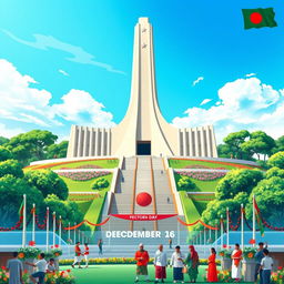 A beautiful and grand digital illustration of the National Martyrs' Monument in Bangladesh, prominently showcased to commemorate Bangladesh Victory Day on December 16
