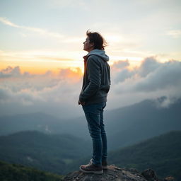 A person standing atop a mountain peak, looking out at a breathtaking sunrise, with soft clouds and glowing colors in the sky, embodying the idea of overcoming challenges