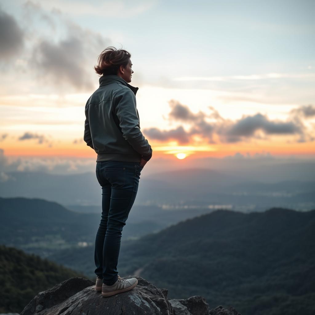 A person standing atop a mountain peak, looking out at a breathtaking sunrise, with soft clouds and glowing colors in the sky, embodying the idea of overcoming challenges