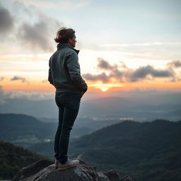 A person standing atop a mountain peak, looking out at a breathtaking sunrise, with soft clouds and glowing colors in the sky, embodying the idea of overcoming challenges